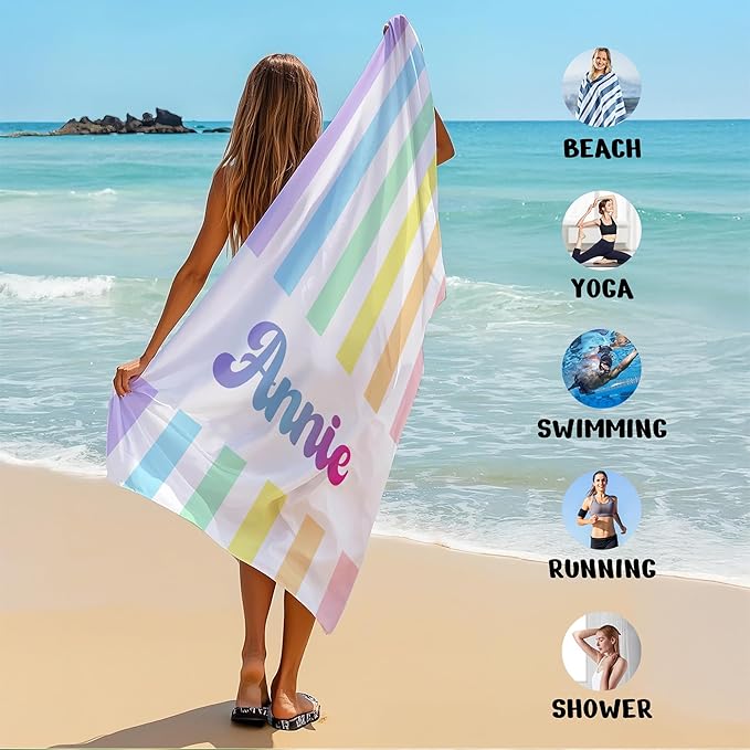 JML Personalized Beach Towel with Name, Custom Rainbow Cabana Stripe Beach Towel, Customized Microfiber Pool Towel, Quick Dry & Absorbent Swim Towel for Adult,Anniversary, Birthday, Summer Holiday