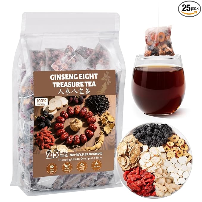 Goji Berries Ginseng Kidney Tea Formula Ginseng Eight Treasure Tea 8 Natural Ingredient Kidney Cleanse Detox & Repair for Women & Men 25 Count, Caffeine-Free
