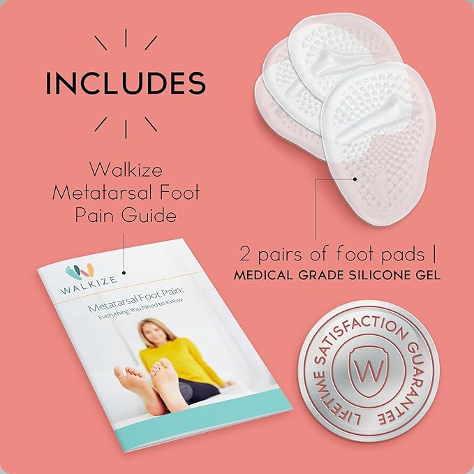 Walkize Metatarsal Pads Women | Heel Inserts for Women | Ball of Foot Cushions (2 Pairs Foot Pads) All Day Pain Relief and Comfort One Size Fits Shoe Inserts (Clear)
