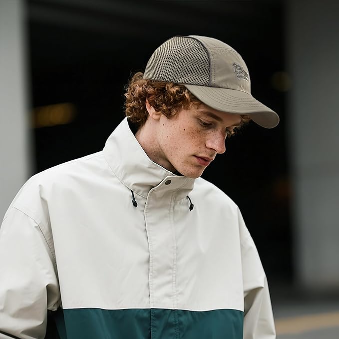 CLAPE Quick Dry 5 Panel Hat for Men, Breathable Mesh Short Brim Baseball Cap, Reflective Ajustable Outdoor Sport Running Hat
