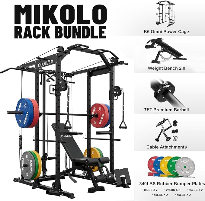 Mikolo Power Cage, Power Rack with Cable Crossover System, 1500LBS Squat Rack with LAT Pull Down System, Workout Cage with Pulley System for Fitness Home Gym