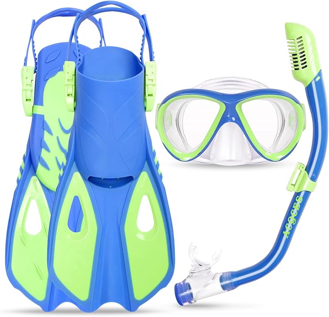 Kids Mask Fins Snorkel Set, Dry Top Snorkeling Gear for Kids Youth Boys Girls Junior Age 5-15 Tempered Glass Snorkel Mask Set Panoramic View Snorkeling Packages
