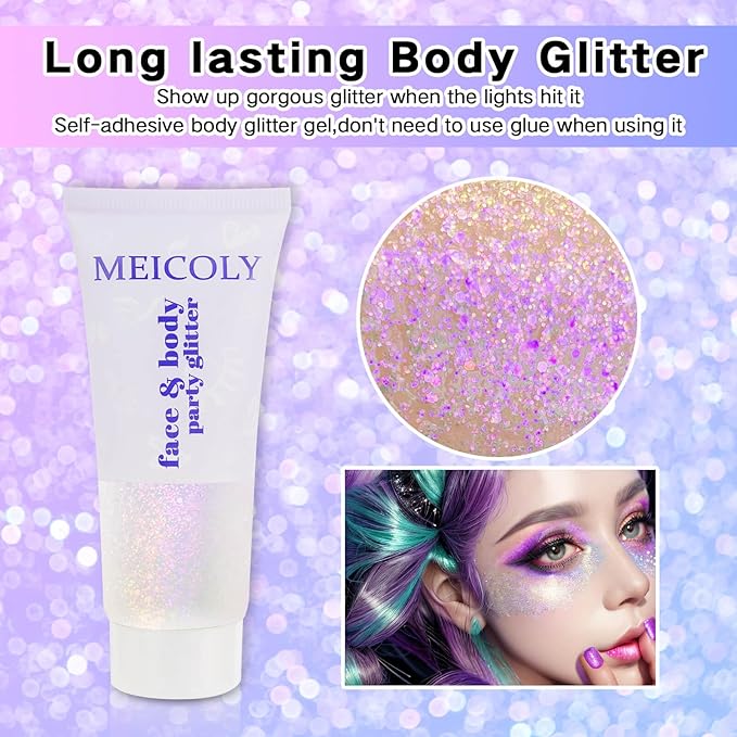 MEICOLY Fine Face Body Glitter,Color Changing Glitter Gel for Body,Face,Hair,Lip,Eye,Long Lasting Holographic Sequins Glitter Face Paint Makeup,Sparkling Pink,50ml