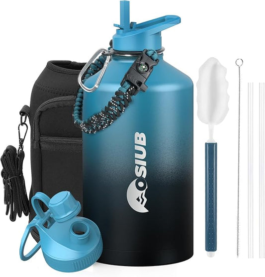 Insulated Water Bottle 128 oz, Triple Wall Vacuum Stainless Steel(Cold for 48 Hrs),Leak Proof & BPA-Free,One Gallon Water Bottle with Reflective Paracord & Flip Straw for Sports & Travel, Indigo-Black