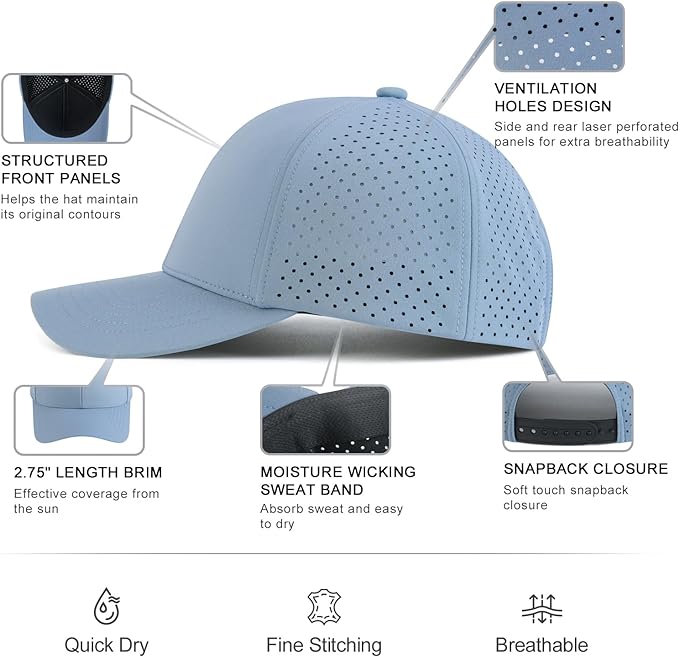 VOBOOM Men Quick Dry Baseball Cap Laser Cut Mesh Ball Curved Brim Snapback Hat