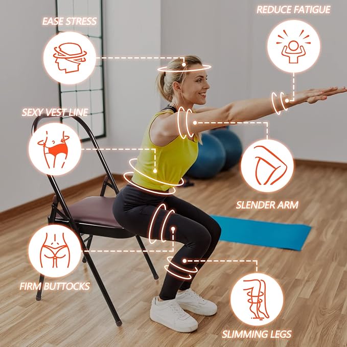 Yoga Chair Set Yoga Auxiliary Chair Flexibility Strength Training Tool, Foldable Yoga Chair for Balance Training, with Figure S Resistance Belt, Chair Leg Cap, Brown