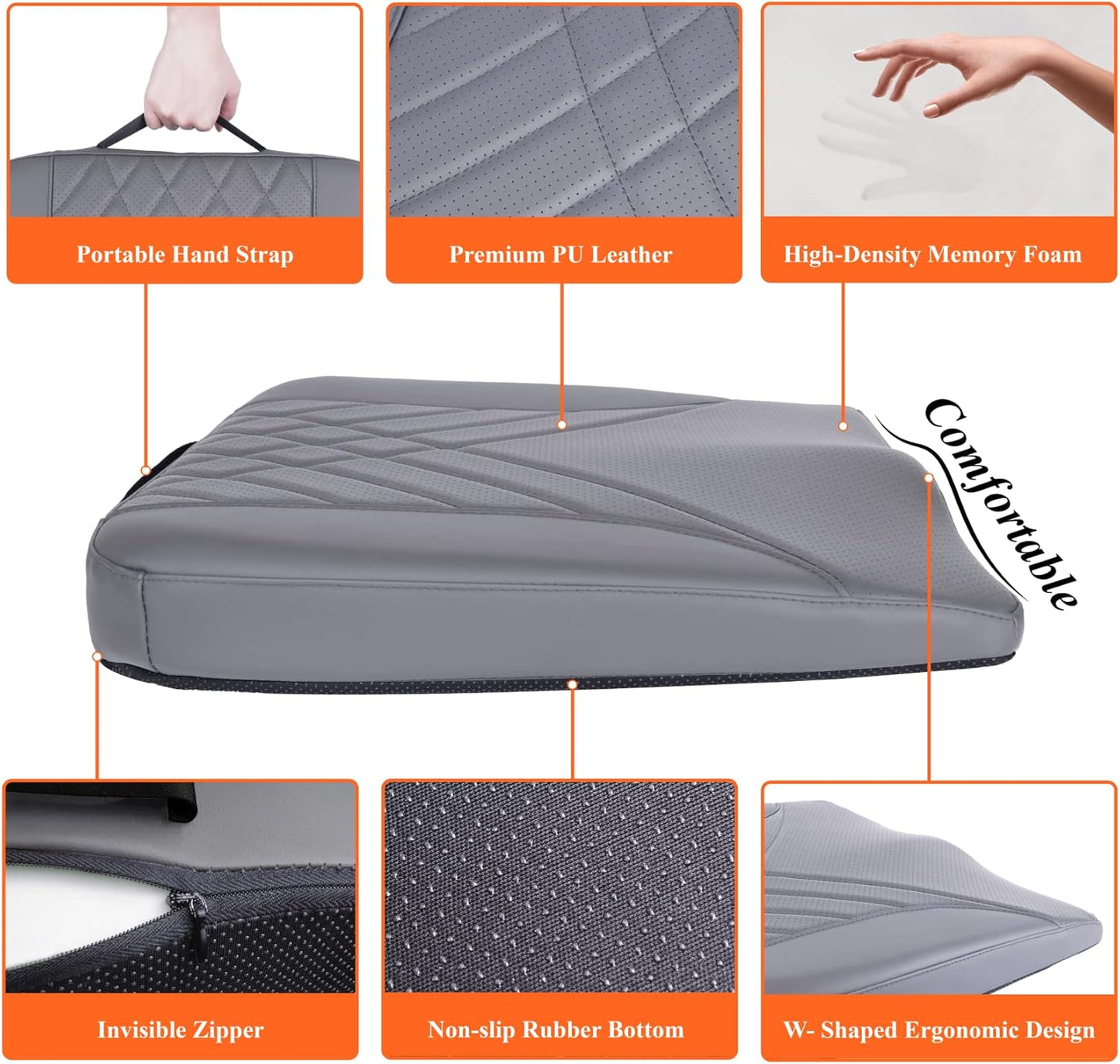 kingphenix Premium Car Seat Cushion, Memory Foam Driver Seat Cushion to Improve Driving View- Coccyx & Lower Back Pain Relief- Seat Cushion for Car, Truck, Office Chair (Gray)