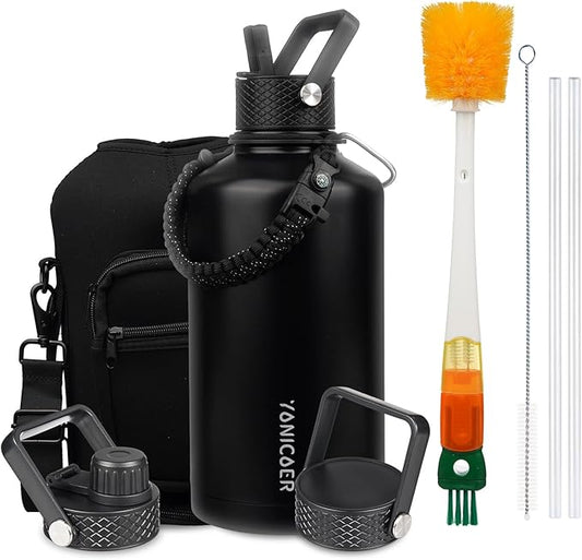 Insulated Water Bottle 64oz,Triple Wall Vacuum Stainless Steel(Dishwasher Safe),Leak Proof & Non-BPA,Flask Jug with Paracord Handle & Straw Spout Lids Sports