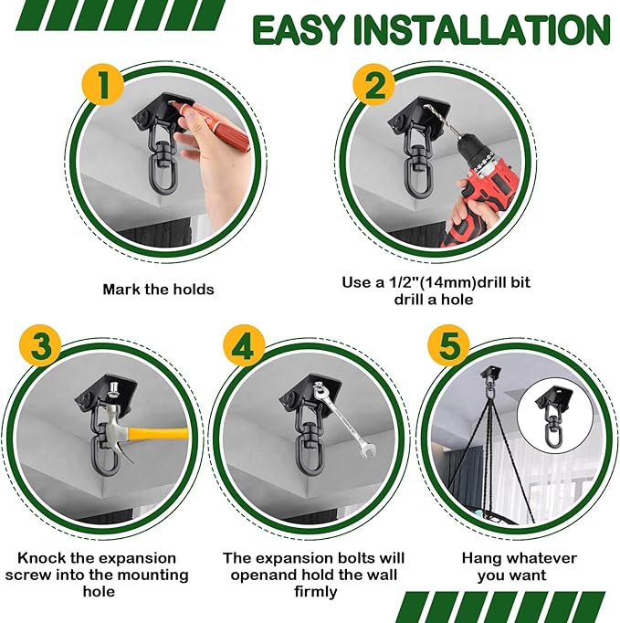 Hammock Hanging Kit 2 Pack, Porch Swing Hanging Kit 1200 Lb Capacity, Hammock Ceiling Hooks Heavy Duty 360°Rotating Hanging Swing Chair Hardware for Hammock Chair Stand, Porch, Yoga, Gym