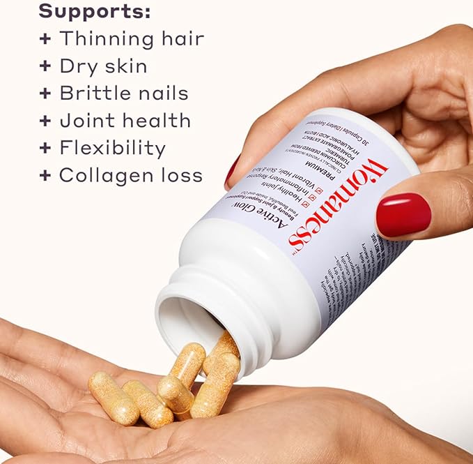 Womaness Active Glow Hair Skin and Nails Vitamins - Biotin, Longvida Curcumin & Hyaluronic Acid Supplements for Joint Health, Dry Skin & Thinning Hair (30 Capsules)