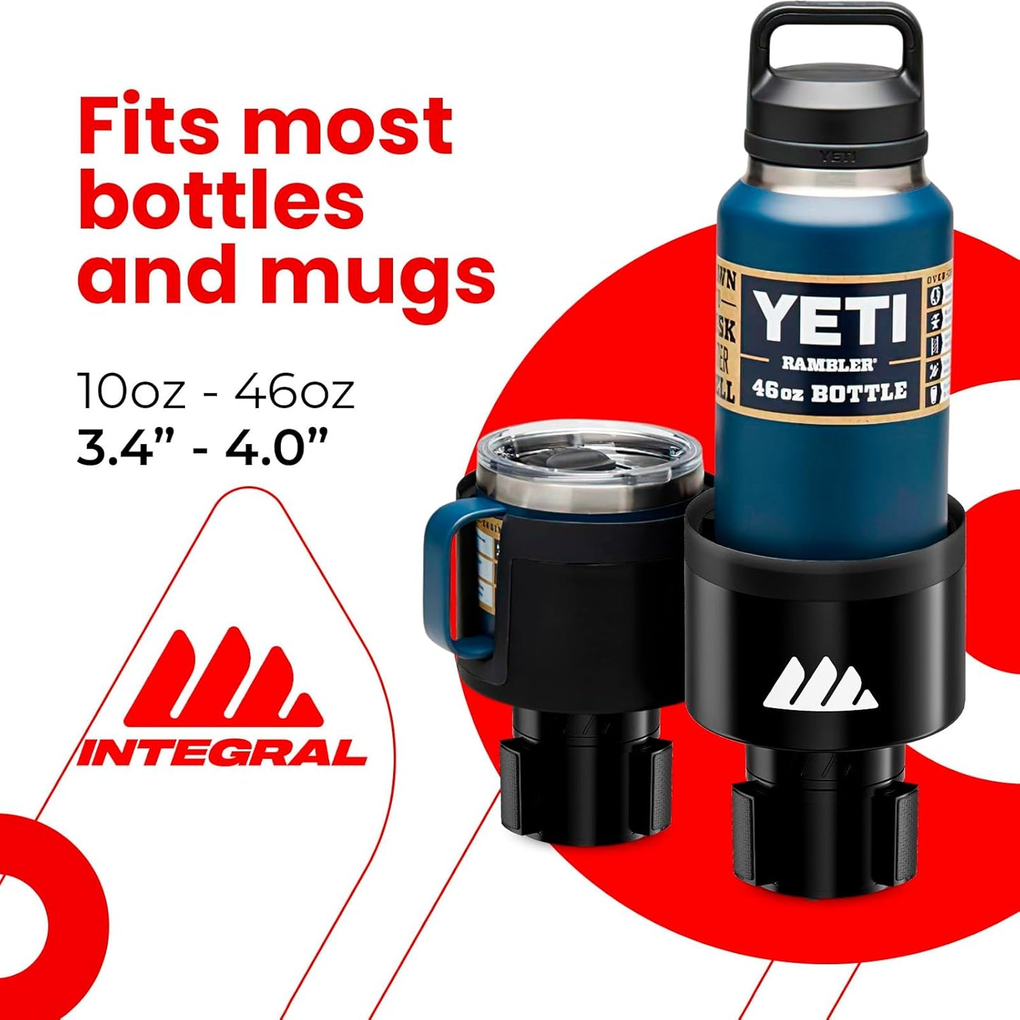 Integral Ultimate Expander Car Cup Holder - Adjustable Base - Expander & Organizer for Vehicles - Compatible with Coffee Mug, Yeti 14/24/36/46oz, Ramblers, Hydro Flasks 32/40oz, 3.4"-4.0" Bottles