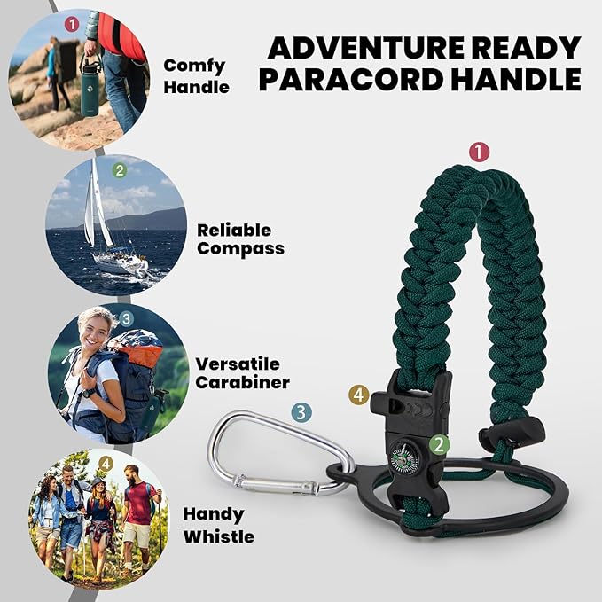 Insulated Water Bottle 32 oz, Triple Wall Vacuum Stainless Steel (Cold for 48 Hrs), Leak Proof & Non-BPA, Modern Water Flask Jug with Paracord Handle & Straw Spout Lids, Dark Green