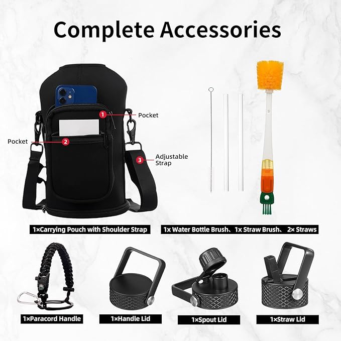 Insulated Water Bottle 64oz,Triple Wall Vacuum Stainless Steel(Dishwasher Safe),Leak Proof & Non-BPA,Flask Jug with Paracord Handle & Straw Spout Lids Sports