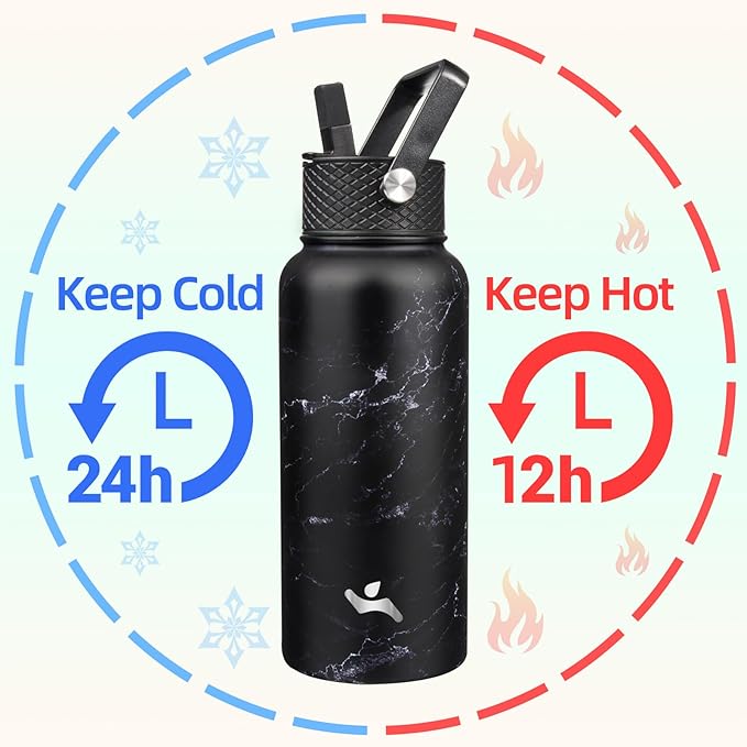 32 oz Insulated Water Bottle Stainless Steel Sport Bottles with 3 Lids,Marble Midnight