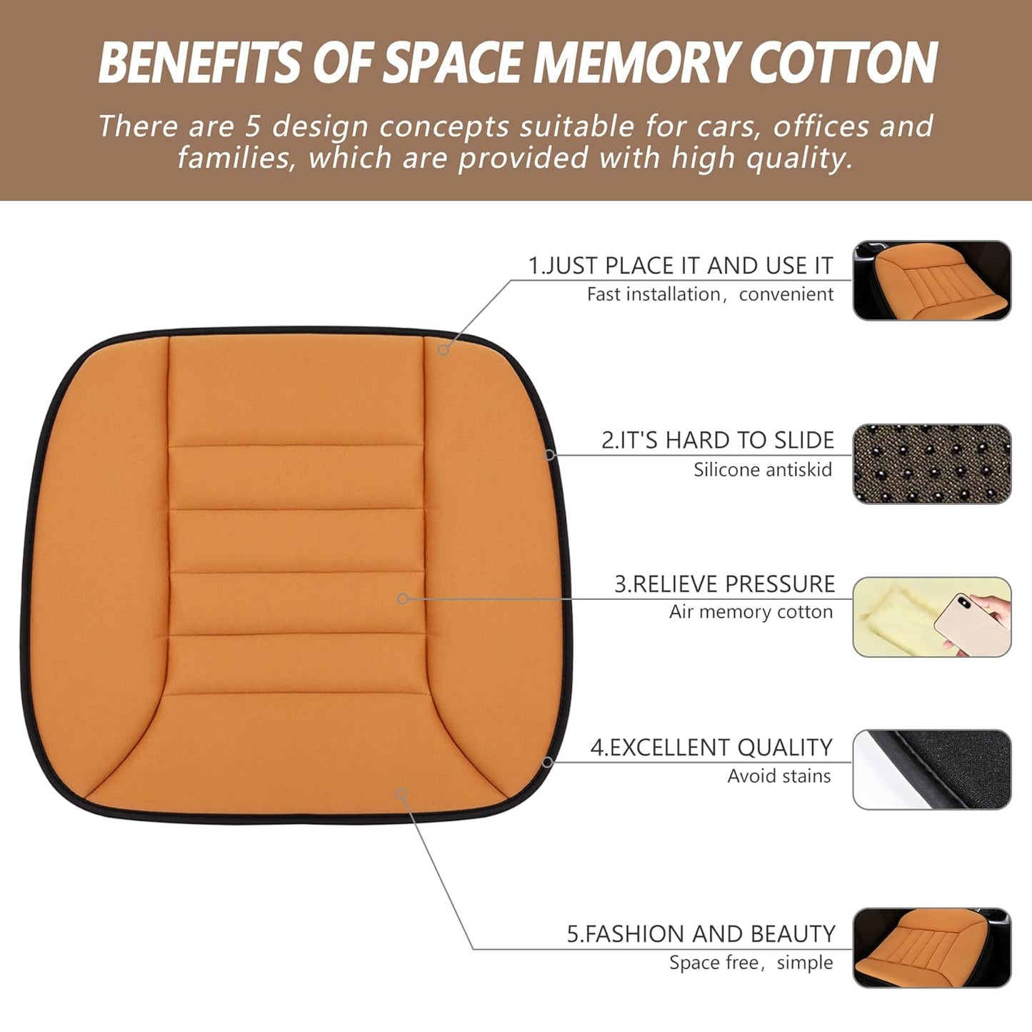 MYFAMIREA Car Seat Cushion Pad 1.2" Thick Comfort Seat Protector for Car Driver Seat Office Chair Home Use Memory Foam Seat Cushion with Non Slip Bottom, 20'' x 18.5'', Orange