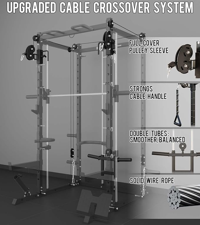 Eonfit E3 Smith Machine with 360°Rotating Arm for Home Gym Equipment, Multi-Function Power Cage Squat Rack with Cable Crossover LAT Pulldown Pulley System All in One