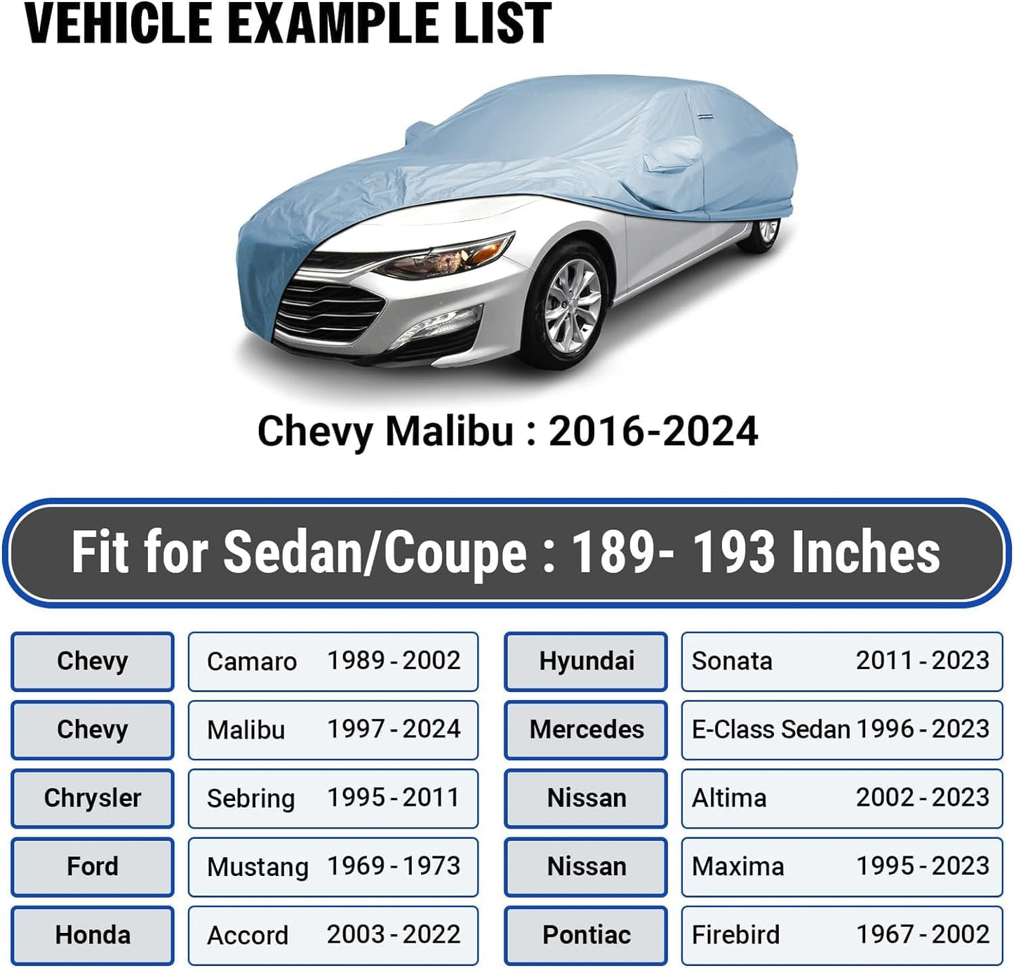 iCarCover 18-Layer Car Cover Waterproof All Weather, Premium Quality Car Covers for Automobiles, UV Protection, GTO, CL, TL, TLX, TSX, A6, S6, Optima, K5, Fits 189-193 Inches