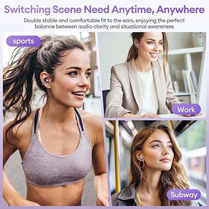 2 in 1 Clip on Open Ear Headphones Wireless Earbuds, 0 Delay Bluetooth 6.0, Ultra-Long 140H Play, Auto L-R Recognition Touch Control, Hybrid Noise Reduction for Work Fitness Daily Use, Ctbuds Purple