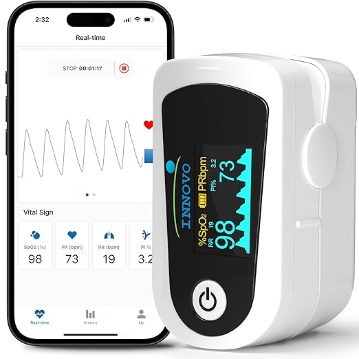 Innovo FSA/HSA Eligible iP900BP-B Fingertip Pulse Oximeter, Blood Oxygen Monitor with Free App, Plethysmograph, and Perfusion Index (with Bluetooth)