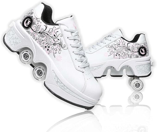 Roller Skate Shoes for Women Four Rounds Children's Roller Skates Shoes That Turn into Rollerskates Sneakers Outdoor Light Shoes with Wheels for Girls/Boys