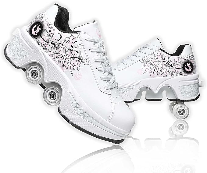 Roller Skate Shoes for Women Four Rounds Children's Roller Skates Shoes That Turn into Rollerskates Sneakers Outdoor Light Shoes with Wheels for Girls/Boys