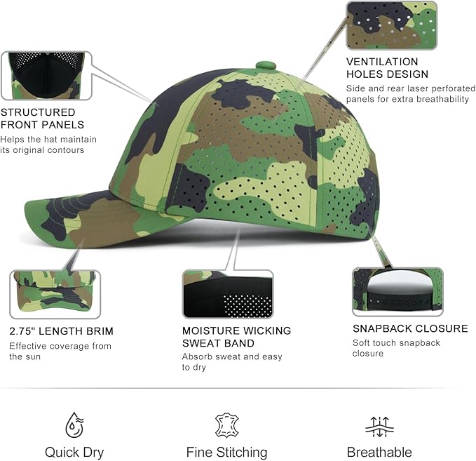 VOBOOM Men Quick Dry Baseball Cap Laser Cut Mesh Ball Curved Brim Snapback Hat