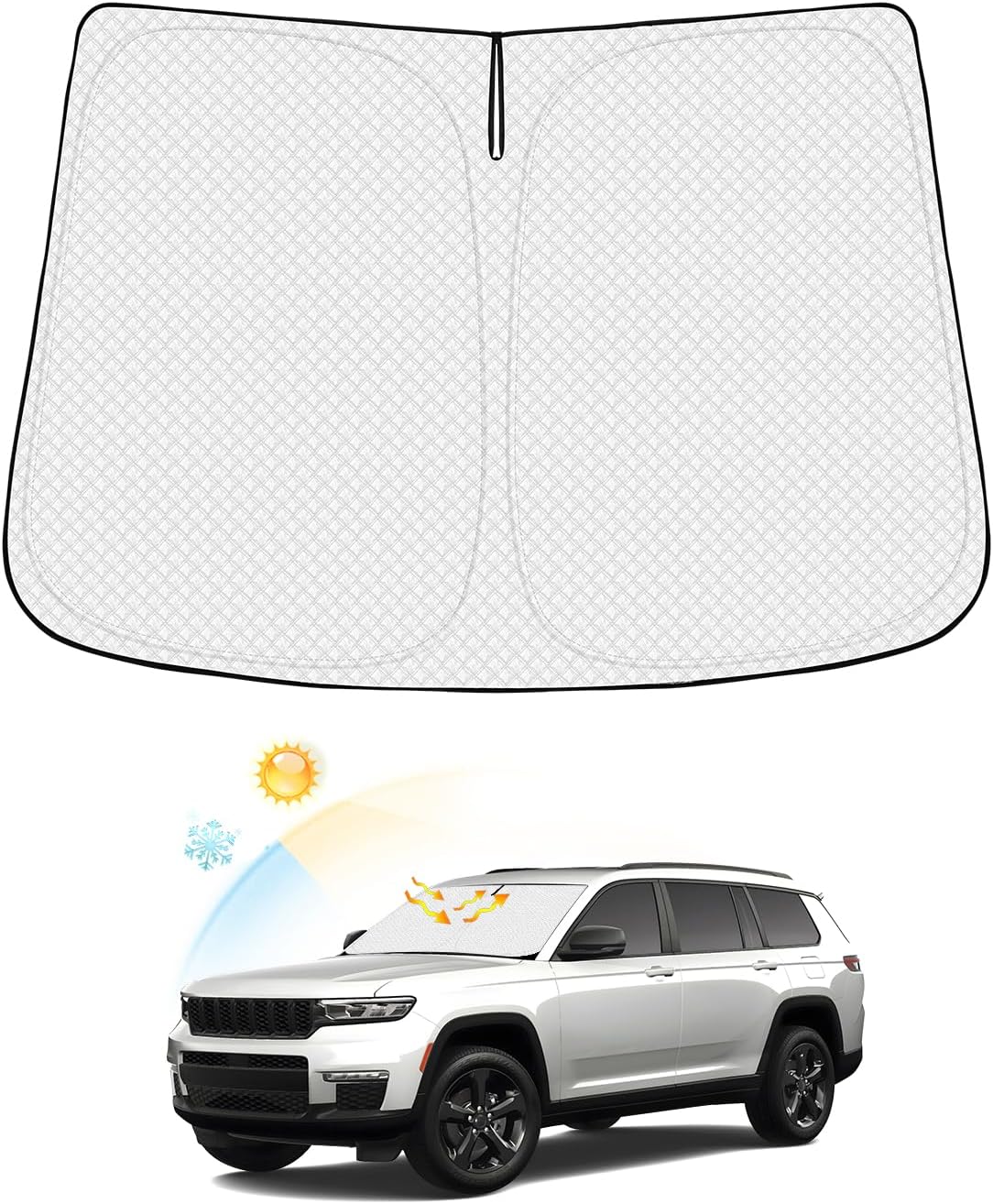 Windshield Sun Shade for Jeep Grand Cherokee/Grand Cherokee L 2021-2026 Accessories Thicken 6-Layer Front Window Sunshade Cover Sun Visor Protector Foldable Block UV Rays Keep Vehicle Cool