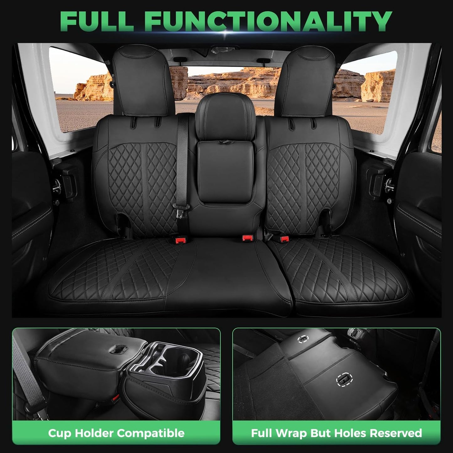 for Jeep Wrangler Seat Covers 4Door JL 2018 2019 2020 2021 2022 2023 2024 2025, Custom Fit Car Seat Cover Full Set, Luxury Waterproof Leather Seat Protectors, Black, with Rear Cup Holder