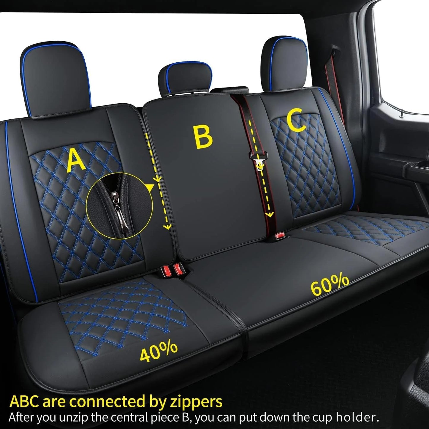 LUCKYMAN CLUB F150 Faux Leather Seat Covers Fit for 2015-2024 2025 F150 SuperCrew and 2017-2024 2025 F250 F350 F450 Super Duty Crew Cab Pickup Trucks(Full Set, Black&Blue)