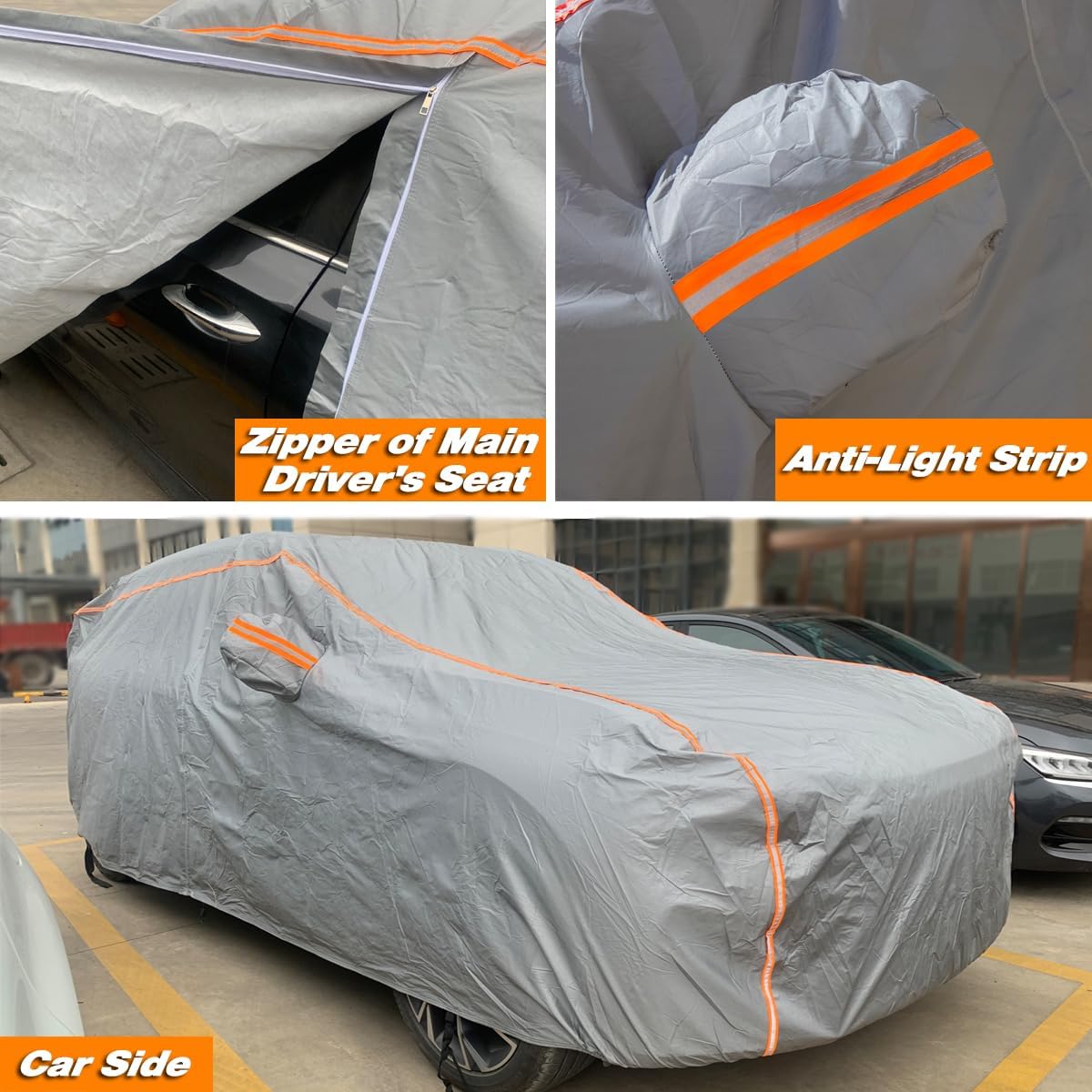 TUCAREST 6-Layers PEVA Premium Full Car Cover Fit for Pickup Sedan hatchback SUVs MPV Rain and snow protection, sun protection, UV protection, and protection of car paint surfaces-Silver Grey -Up 220"