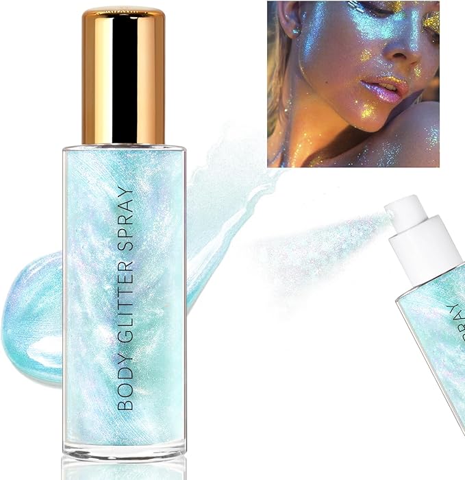 Body Glitter Spray, Moisturizing Bronze Body Shimmer Luminizer Glow Illuminator Quick-Drying and Non-Sticky Liquid Highlighter Spray for Face Hair Glitter, 60ML -Blue