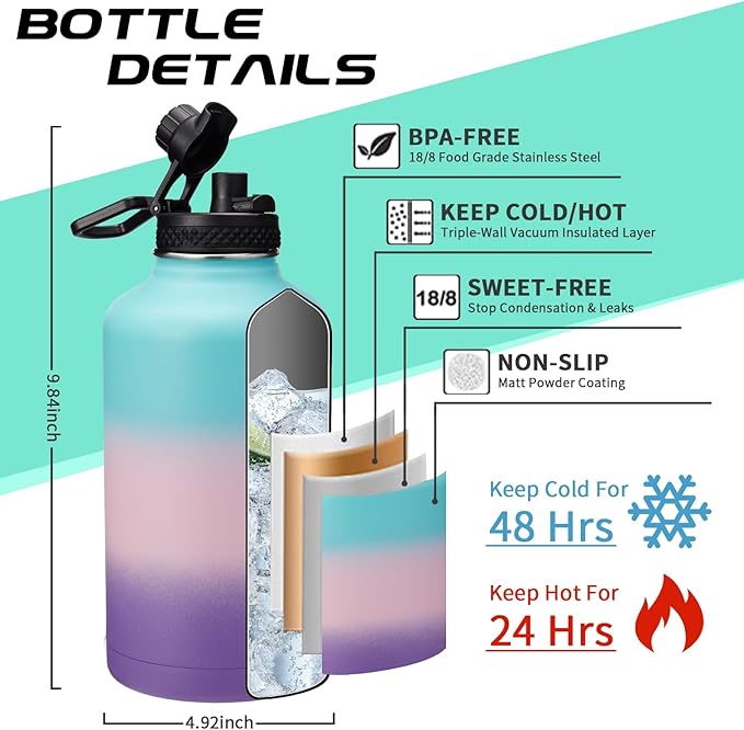 64OZ Insulated Water-Bottle with Paracord-Handle - Half Gallon Water Bottle Jug with Straw & Spout Lids, Bottle Sleeve & Boot, Keep Cold-48h Hot-24h for Fitness Camping Hunting, Hiking