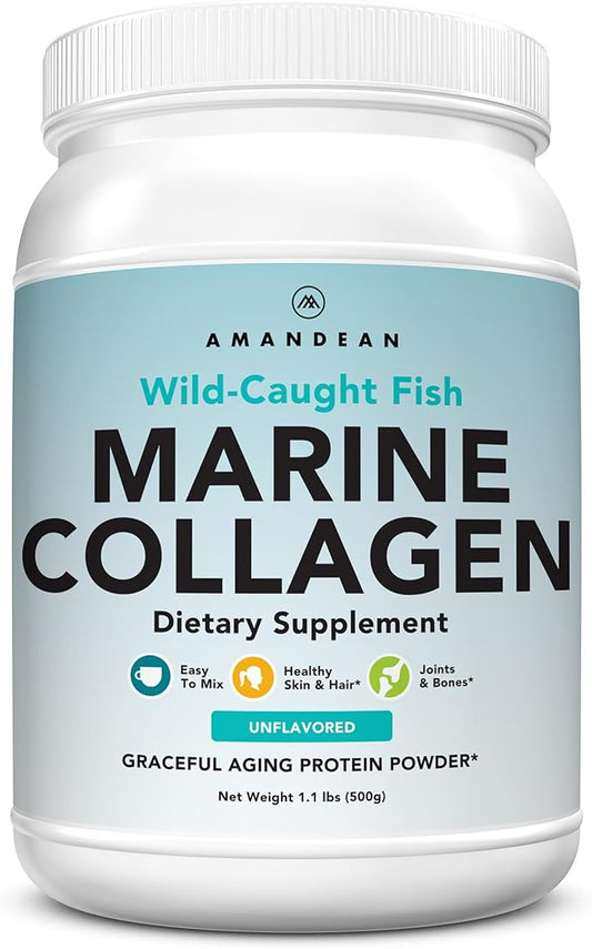 AMANDEAN Marine Collagen Peptides Powder. 500g Wild-Caught Hydrolyzed Fish Collagen Supplement. Type 1 & 3 Collagen Protein. 18 Amino Acids for Skin, Hair, Nails.