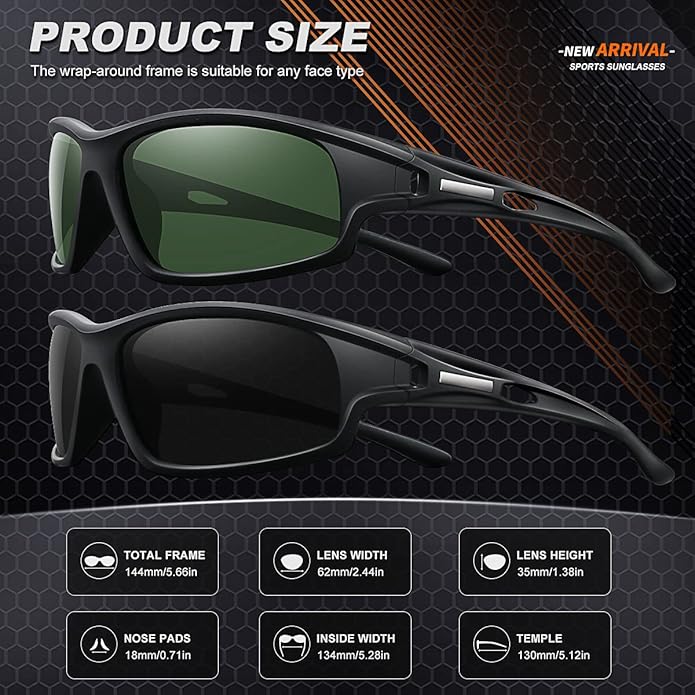 Polarized Sports Sunglasses for Men 100% UV Protection Wrap Around Unbreakable Sun Glasses for Fishing Driving