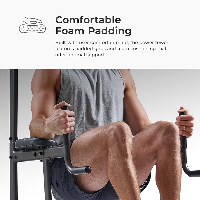 Sunny Health & Fitness Power Tower, Dip Bar, Push-Up & Pull Up Assisting Parallette Station w Optional Rock Climbing Grip Trainer