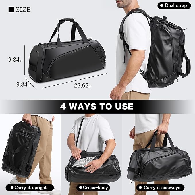 40L Travel Duffle Bag, 4-in-1 Large Gym Bag with Shoe & Wet Clothes and Laptop Compartments, Black