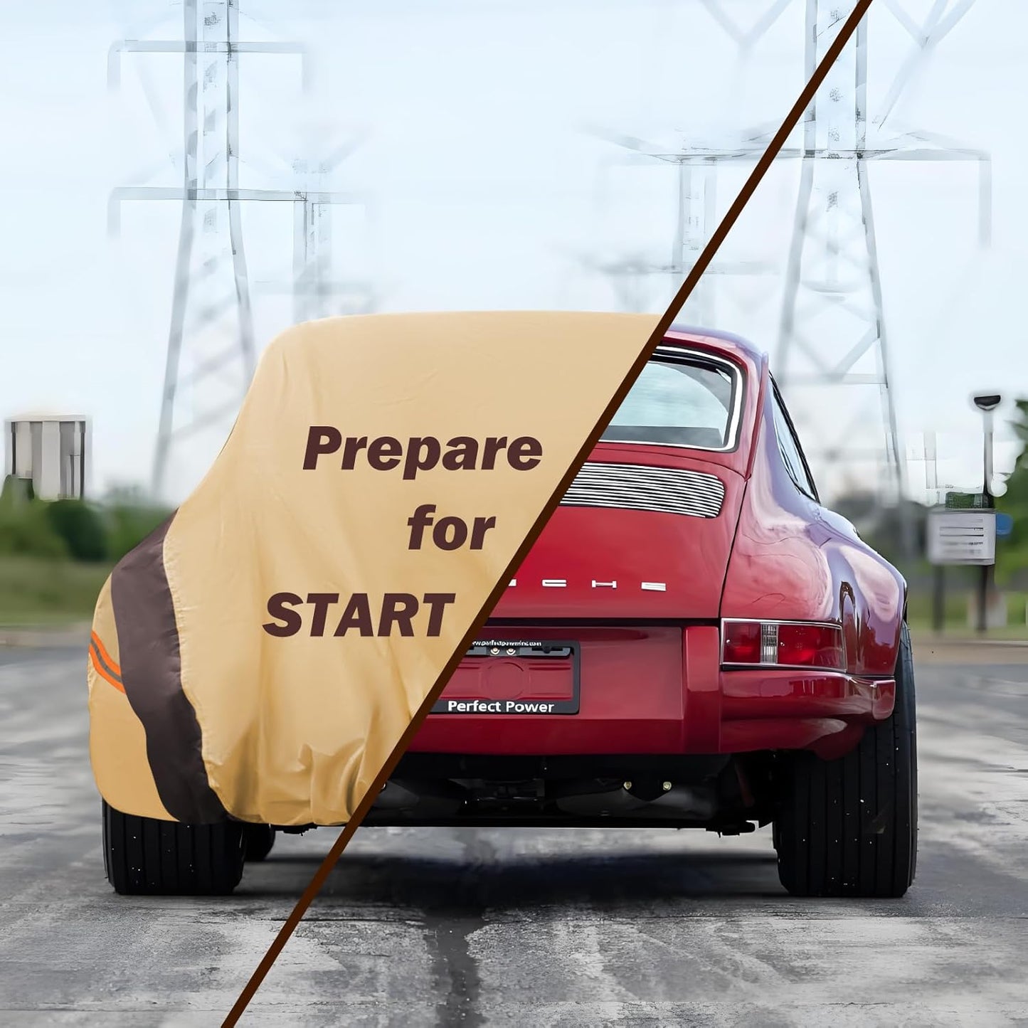 Car Cover Waterproof All Weather Compatible with Dodge Challenger SXT, GT, Hellcat, R/T, SE, Daytona, SRT, SRT8, Outdoor Anti-UV Sun Rain Protection Full Exterior Cover (Camel with Brown)