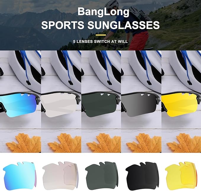 BangLong Polarized Sports Sunglasses Cycling Sun Glasses for Men Women with 5 Interchangeable Lenes for Running Baseball Golf