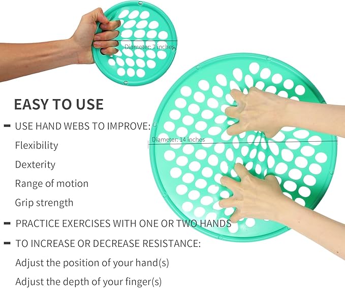 Hand Exercise Webs for Physical Therapy, Hand Grip Strengthener, Finger Exerciser, Portable Size, Latex Free, 7" Diameter