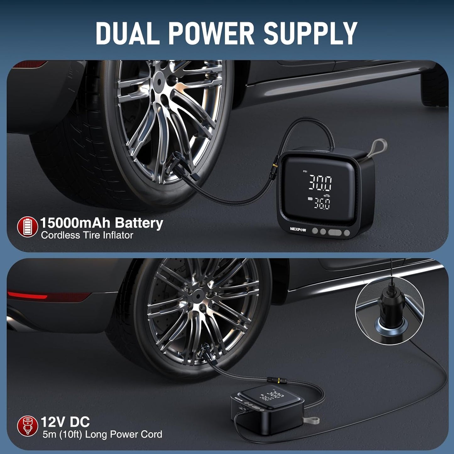 NEXPOW Tire Inflator Portable Air Compressor, 180 PSI Cordless Air Pump for Car Tires with Digital Pressure Gauge & Auto Shut-Off, Air Compressor Portable for Car, Motorcycle, Bicycle, Ball, Gray