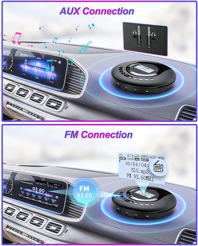 ARAFUNA Portable CD Player Bluetooth with FM Radio, 2000mAh Rechargeable CD Player for Car with LCD Screen, Anti Shock Protection Compact Player with Headphone, AUX Cable