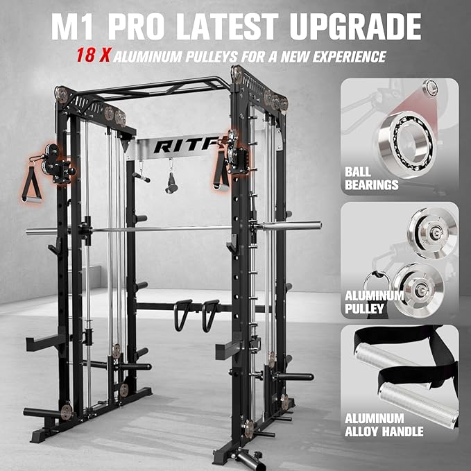RitFit M1 & M1 Pro Smith Machine with Cable Crossover System, Multi-Function Squat Rack Power Cage for Home Gym, Power Rack and Packages