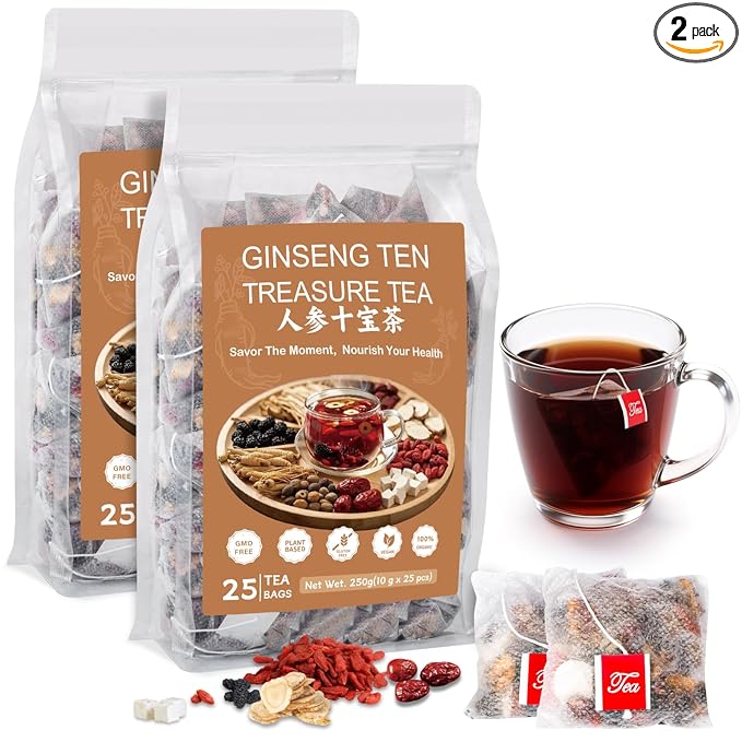 Kidney Tea Formula Ginseng Six Treasure Tea, Ginseng Five Treasure Cleanse Detox Teabag, 10 Precious Ingredients Formula Support Kidney and Live Health for Men Women (50 Bags/2 Pack)