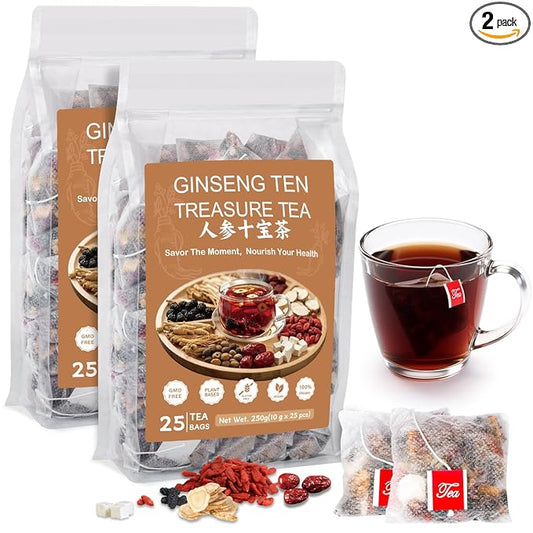 Kidney Tea Formula Ginseng Six Treasure Tea, Ginseng Five Treasure Cleanse Detox Teabag, 10 Precious Ingredients Formula Support Kidney and Live Health for Men Women (50 Bags/2 Pack)