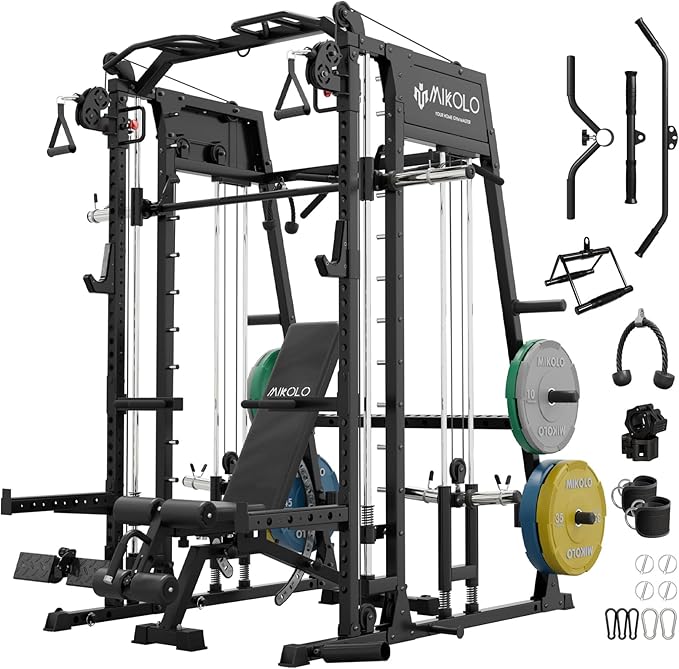 Mikolo Smith Machine, 2200lbs Squat Rack with LAT-Pull Down System & Cable Crossover Machine, Training Equipment with Leg Hold-Down Attachment