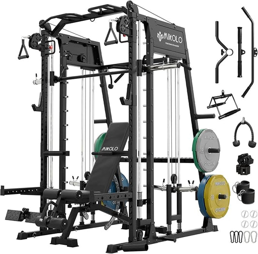 Mikolo Smith Machine, 2200lbs Squat Rack with LAT-Pull Down System & Cable Crossover Machine, Training Equipment with Leg Hold-Down Attachment