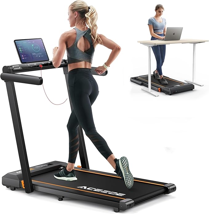 2 in 1 Folding Treadmills for Home Small Office, 2.5HP Walking Pad Treadmill with Handle Bar, 300lbs Capacity, Copmact Protable Treadmill with Smart APPs, 12 HIIT Modes and Touch Screen