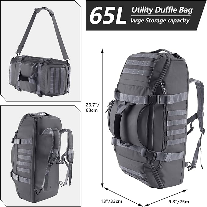 65L Large Duffle Bag, 3-in-1 Tactical Backpack MOLLE Pack for Sports, Gym, Outdoor, Grey