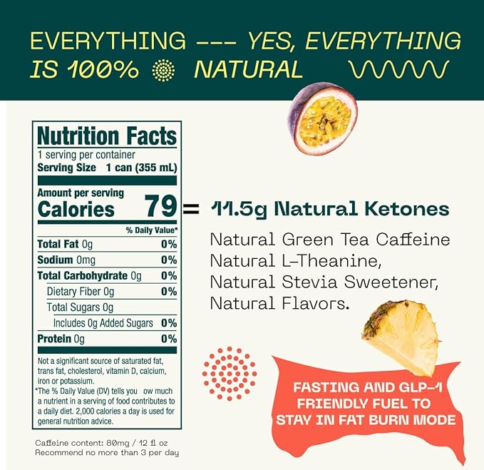 KEY Ketone Energy Drink : Sugar Free, 80mg Low Caffeine, All Natural, 11.5g Ketones, Long Lasting Energy, Green Tea & L-Theanine for Mental Focus, Pineapple Passionfruit (Pack of 12)