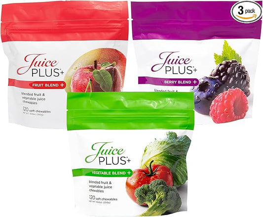 Juice Plus+ Fruit, Vegetable & Berry Blend Soft Chews (Chewables) - 30 Plant-Based Ingredients! Vegan Gummies for Kids & Adults - Gluten-Free, Non-GMO - Prepacked 3 Pouches - 30 Adult Servings Each
